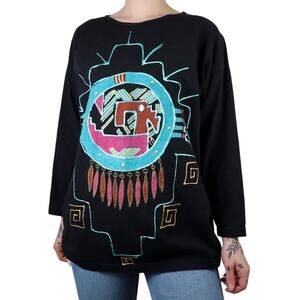 Vintage 80s Sweet Blondie Boho Hippie Painted Southwestern Knit Top Womens OS